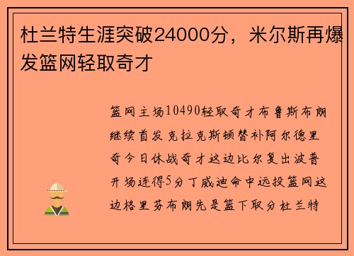 杜兰特生涯突破24000分，米尔斯再爆发篮网轻取奇才