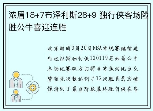 浓眉18+7布泽利斯28+9 独行侠客场险胜公牛喜迎连胜