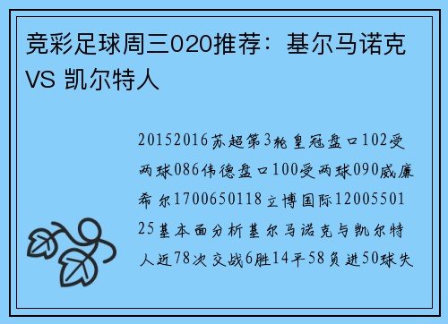 竞彩足球周三020推荐：基尔马诺克 VS 凯尔特人