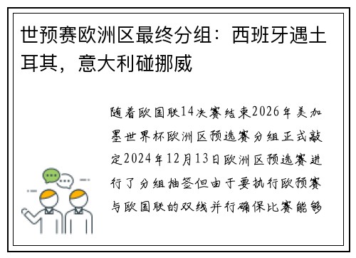 世预赛欧洲区最终分组：西班牙遇土耳其，意大利碰挪威