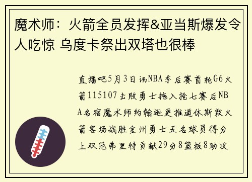 魔术师：火箭全员发挥&亚当斯爆发令人吃惊 乌度卡祭出双塔也很棒